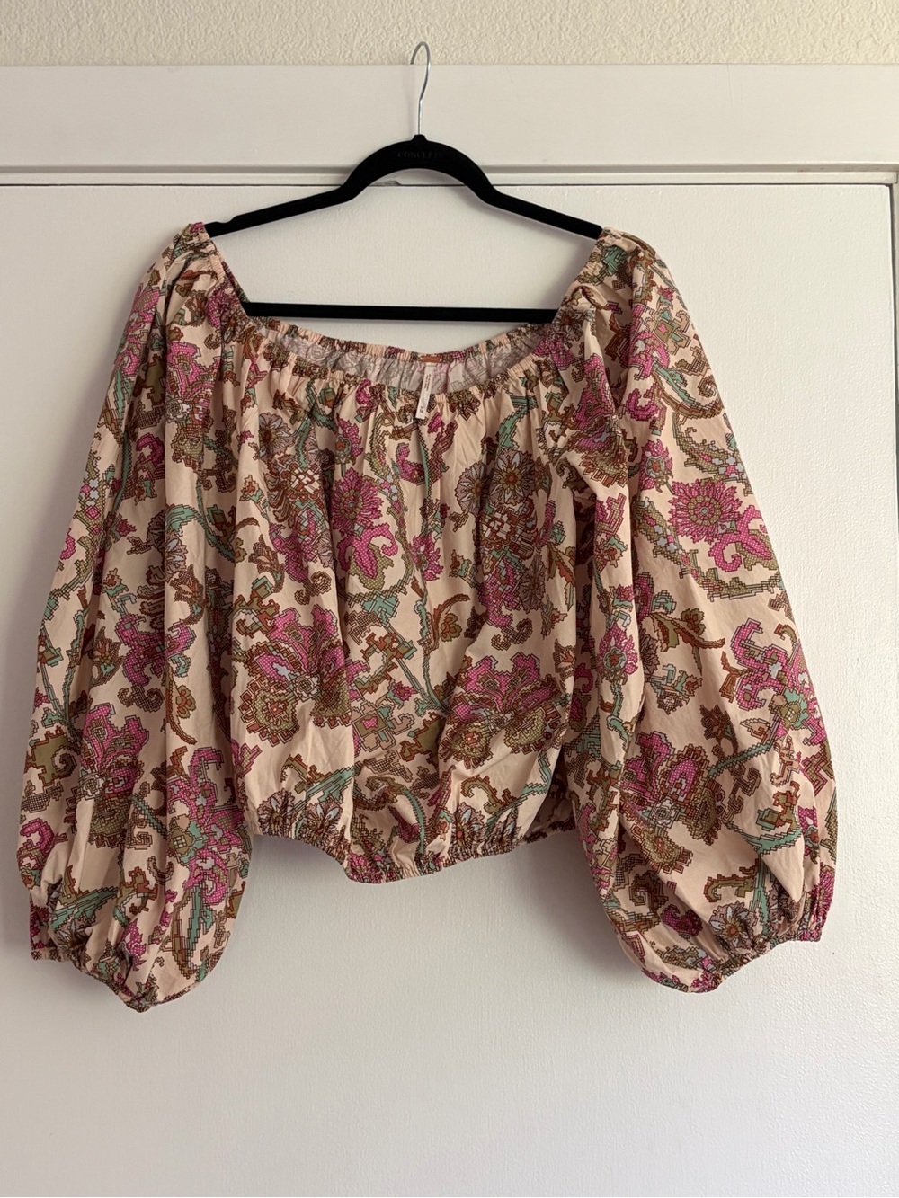 Free People Off-Shoulder Peasant Blouse in Cream with Pink & Brown Paisley